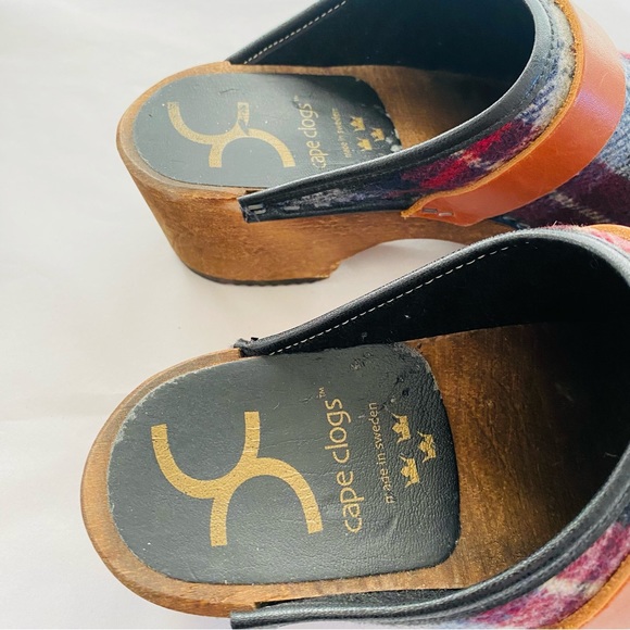 Cape Clogs Sweden Wool Scottish Tartan Plaid Wooden Leather Strap Clogs Size 6 - Picture 10 of 11